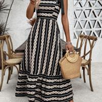 Geometric Print Boho Midi Dress - Sleeveless Ruffle Hem Beach Maxi XS