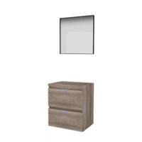 Basic-Line Framed 46 Badkamermeubelset - 60 x 46 cm - Greeploos - 2 Lades - Wastafelblad - Spiegel met Zwart Aluminium Frame - Scotch Oak