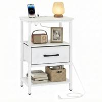 Nachtkastje met Oplaadstation Bijzettafel met Stoffen Lade en Open Opbergvakken Bijzettafel met Metalen Frame Moderne Bijzettafel-Wit