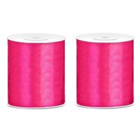 2x Hobby/decoratie fuchsia roze satijnen sierlinten 10 cm/100 mm x 25 meter - thumbnail