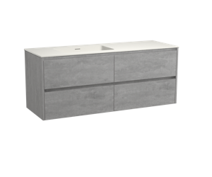 Storke Seda zwevend badmeubel 150 x 52 cm beton grijs met Mata asymmetrisch linkse wastafel in matte Solid Surface