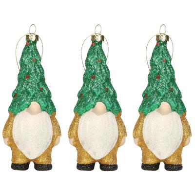 Kersthanger gnome/dwerg/kabouter - 3x - kunststof - 12,5 cm - goud/groen