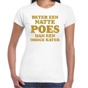 Verkleed T-shirt dames - natte poes droge kater -  wit - glitter goud - themafeest fout/goud/stout