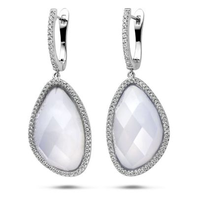 Oorhangers zilver-zirconia-chalcedoon zilverkleurig-wit-blauw 18,5 x 48 mm