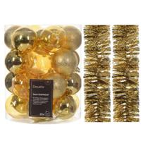 Kerstversiering set - goud - kerstballen 6 cm en slingers- kunststof - Kerstbal