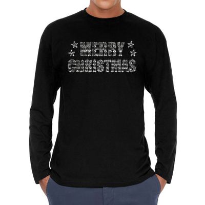 Glitter kerst longsleeve shirt zwart Merry Christmas glitter steentjes voor heren - Lange mouwen Glitter kerst longsleeve shirt zwart Merry Christmas glitter steentjes voor heren - Lange mouwen
