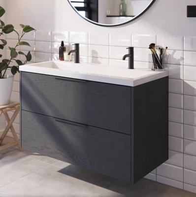 Saqu Lima voorgemonteerd badmeubel met mat zwarte greep incl. wastafel 100,5x51,5cm gebrand zwart
