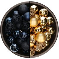 74x stuks kunststof kerstballen mix van donkerblauw en goud 6 cm - Kerstbal - thumbnail