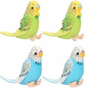 4x stuks pluche knuffel parkieten setje vogels blauw en groen 11 cm
