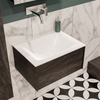 Mondiaz Lush Cloud badmeubel eiken donker bruin 60 cm 1 lade solid surface enkele spoelbak midden zonder kraangat