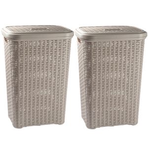 2x stuks grote rotan wasmand met deksel van 60 liter in het taupe