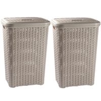 2x stuks grote rotan wasmand met deksel van 60 liter in het taupe - thumbnail