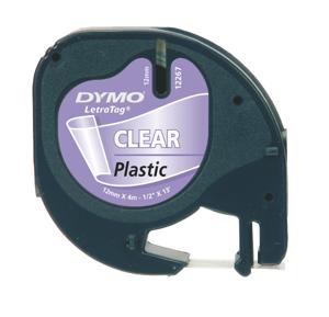 Labeltape Dymo Letratag 12267 plastic 12mm zwart op transp