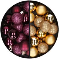 34x stuks kunststof kerstballen aubergine paars en goud 3 cm - thumbnail