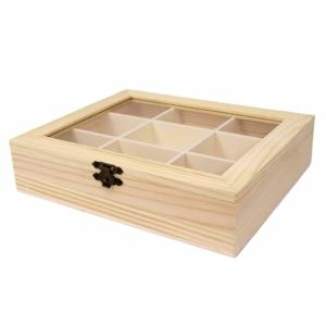 Theedoos - 9-vaks - naturel - hout - 22 x 18 x 5 cm - theekist - onbedrukt