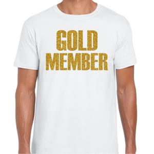 Verkleed T-shirt heren - gold member -  wit - glitter goud - fout/goud/stout