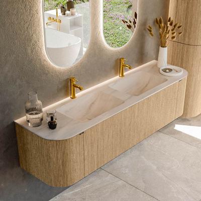 Badmeubel Mondiaz Kurve-Dlux | 170 cm | Meubelkleur Oak | Wastafelkleur Meli | Solid surface | Wasbak beide zijden spoelbak | 2 kraangaten