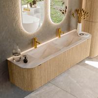 Badmeubel Mondiaz Kurve-Dlux | 170 cm | Meubelkleur Oak | Wastafelkleur Meli | Solid surface | Wasbak beide zijden spoelbak | 2 kraangaten