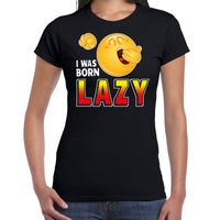 Funny emoticon t-shirt i was born lazy zwart voor dames