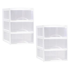 Ladeblokje/bureau organizer - 2x stuks - 3 lades - transparant/wit - L26 x B36 x H37 cm - plastic