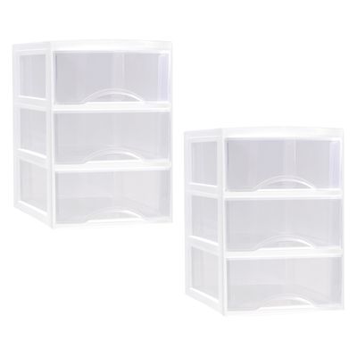 Ladeblokje/bureau organizer - 2x stuks - 3 lades - transparant/wit - L26 x B36 x H37 cm - plastic
