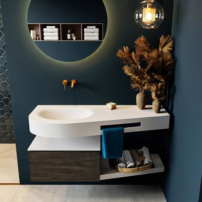 MONDIAZ RIVA 120cm badmeubel onderkast / planchet kleur Dark_Brown met 1 lade. Wastafel DULCET links 0 kraangaten kleur Talc.