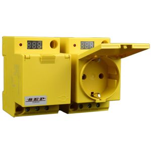 Din rail stopcontact met klep en spanning aanduiding 2p+PE geel voor groepenkast of schakelkast