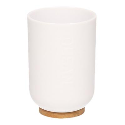 Badkamer beker/tandenborstel houder - wit - kunststof/bamboe -11 cm