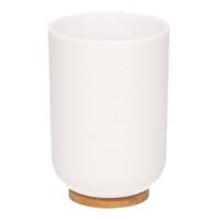Badkamer beker/tandenborstel houder - wit - kunststof/bamboe -11 cm
