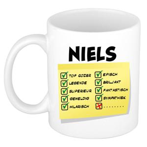 Naam mok Niels - wit - top gozer - keramiek - 300 ml - cadeau collega beker