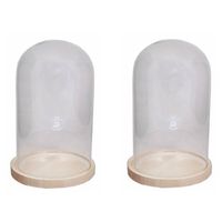 2x Glazen kappen/stolpen met houten onderbord 30 cm - Serveerschalen
