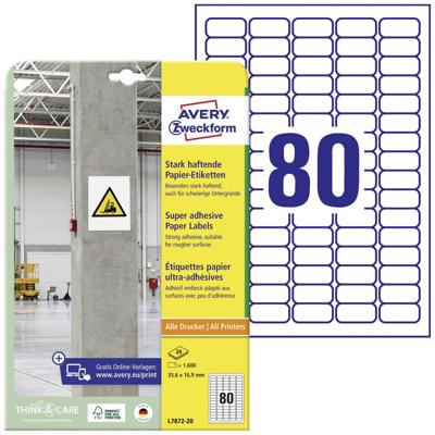 Avery-Zweckform L7872-20 ( 35.6 x 16.9 mm, Wit, 1600 stuk(s), Permanent hechtend, Sterk hechtend