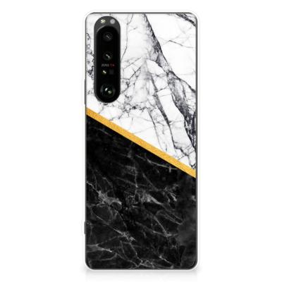 Sony Xperia 1 III | TPU | Siliconen hoesje | Marmer Wit Zwart - Origineel Cadeau Man