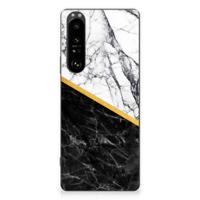 Sony Xperia 1 III | TPU | Siliconen hoesje | Marmer Wit Zwart - Origineel Cadeau Man