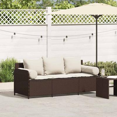 Tuinbank 3-zits met kussens poly rattan bruin