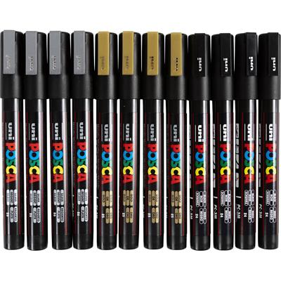 Uni-Posca Posca marker, afm pc-3m, lijndikte 0,9-1,3 mm, fijn, zwart, goud, zilver, 12 div/ 1 doos