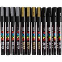 Uni-Posca Posca marker, afm pc-3m, lijndikte 0,9-1,3 mm, fijn, zwart, goud, zilver, 12 div/ 1 doos