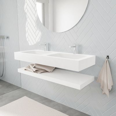 Mondiaz Alan badmeubel 120 cm solid suface planchet talc vrijhangend wastafel dubbel 2 kraangaten wit
