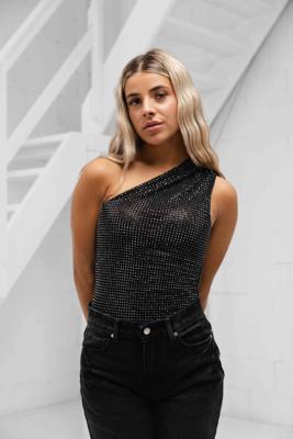 Hidden Hills One Shoulder Rhinestone Bodysuit Dames Zwart - Maat XS - Kleur: Zwart | Soccerfanshop