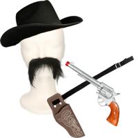 Carnaval verkleed set cowboyhoed Omaha - zwart - cowboy plaksnor/holster/revolver - volwassenen