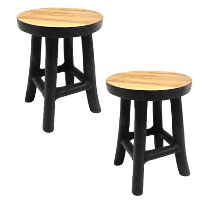 VD Leeden plantverhoger set - teak hout - zwart - H22 + H17 cm - krukje