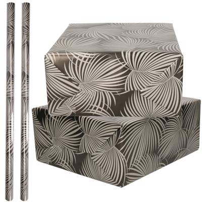 Inpakpapier / cadeaupapier rol - 4x - folie metallic - zwart/zilver - met bladeren - 70 x 200 cm
