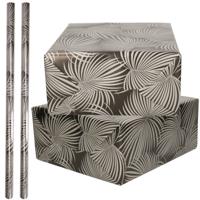 Inpakpapier / cadeaupapier rol - 4x - folie metallic - zwart/zilver - met bladeren - 70 x 200 cm