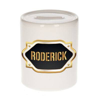 Naam cadeau spaarpot Roderick met gouden embleem