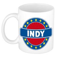 Indy voornaam koffiemok - beker - wit/blauw - 300 ml - Cadeau - Heren - Collega - Vaderdag