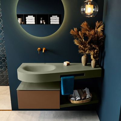 MONDIAZ RIVA 120cm badmeubel onderkast / planchet kleur Rust met 1 lade. Wastafel DULCET links 0 kraangaten kleur Army. MONDIAZ RIVA 120cm badmeubel onderkast / planchet kleur Rust met 1 lade. Wastafel DULCET links 0 kraangaten kleur Army.