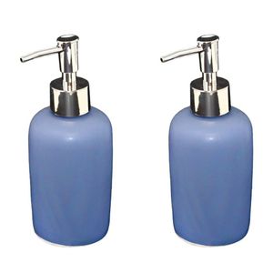 2x Stuks Zeeppompje/dispenser keramiek blauw/zilver 7 x 17 cm