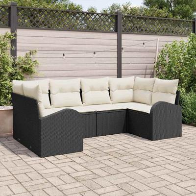 Tuinbankenset met kussen 6 pcs Zwart en Wit poly rattan