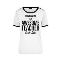 This is what an awesome teacher looks like wit/zwart ringer cadeau t-shirt voor dames XL  -