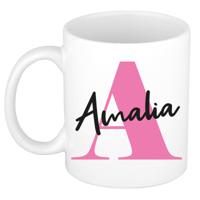 Naam mok Amalia - roze - wit - keramiek - 300 ml - verjaardag/cadeau beker